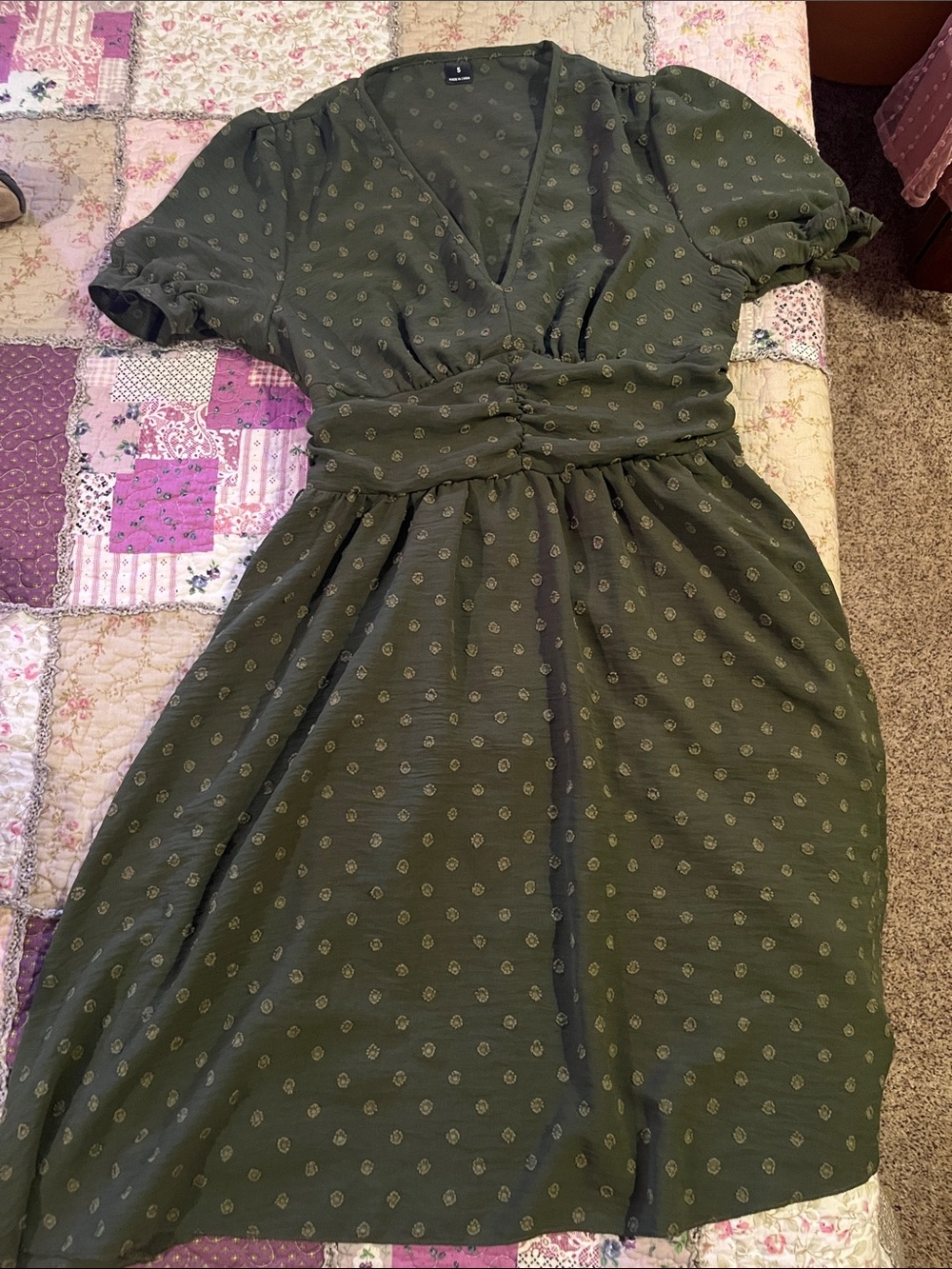 H&M Olive Green Midi Dress with Subtle Dot Print